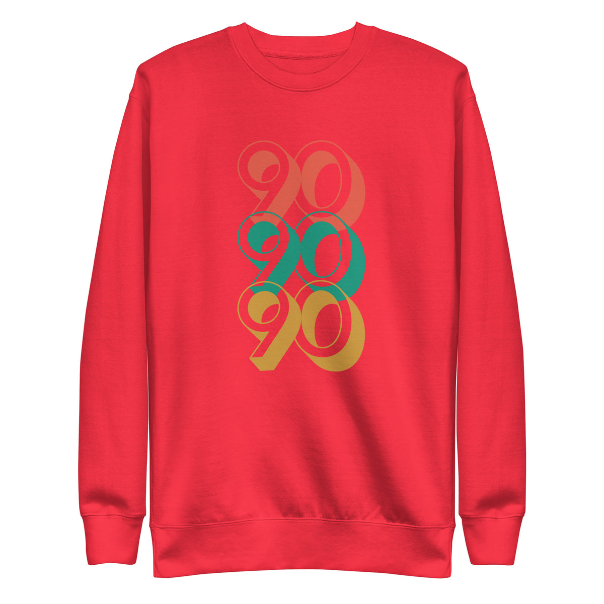 Team Red sweatshirt, front view, with three stacked '90' graphics in red, green and yellow.