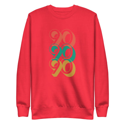 Team Red sweatshirt, front view, with three stacked '90' graphics in red, green and yellow.