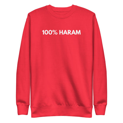 Team Red sweatshirt with white 100% Haram lettering, front view.