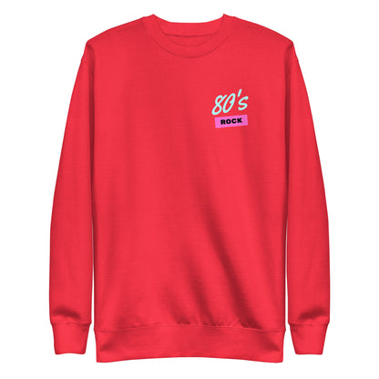 Team Red sweatshirt, front view with a mint-and-pink "80â€™s Rock" chest design.
