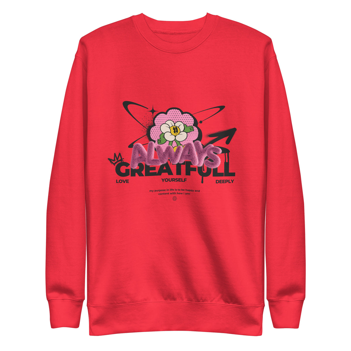 Team Red sweatshirt with a pink flower and Always Grateful lettering, front view.