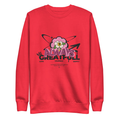 Team Red sweatshirt with a pink flower and Always Grateful lettering, front view.