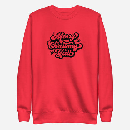 Team Red sweatshirt, front view with black Merry Christmas Y'all script lettering.