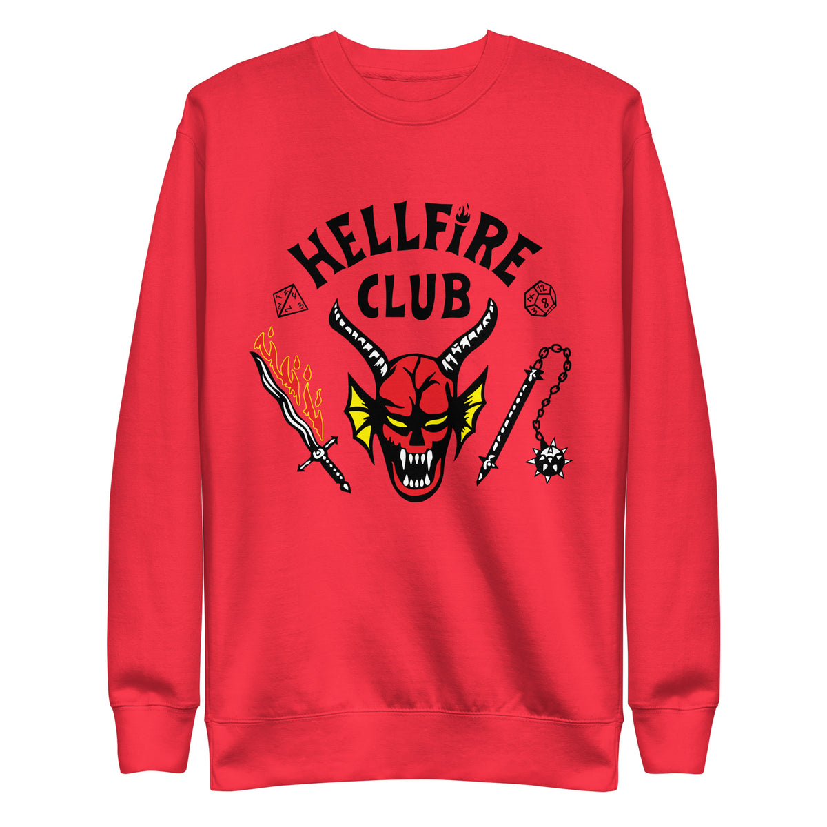 Team Red sweatshirt with Hellfire Club lettering and a red horned-face graphic, front view.