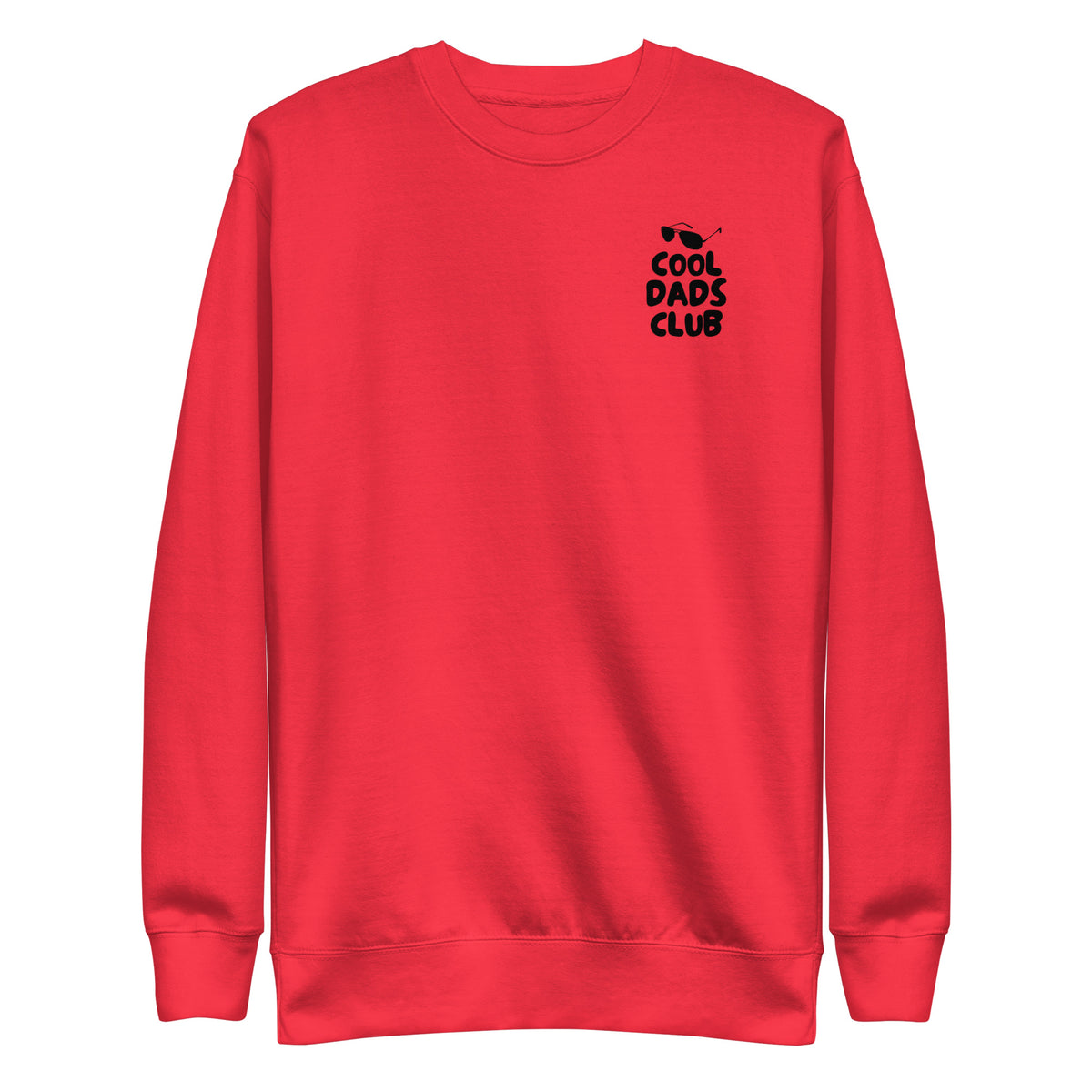 Team Red sweatshirt, front view with small black Cool Dads Club chest lettering.