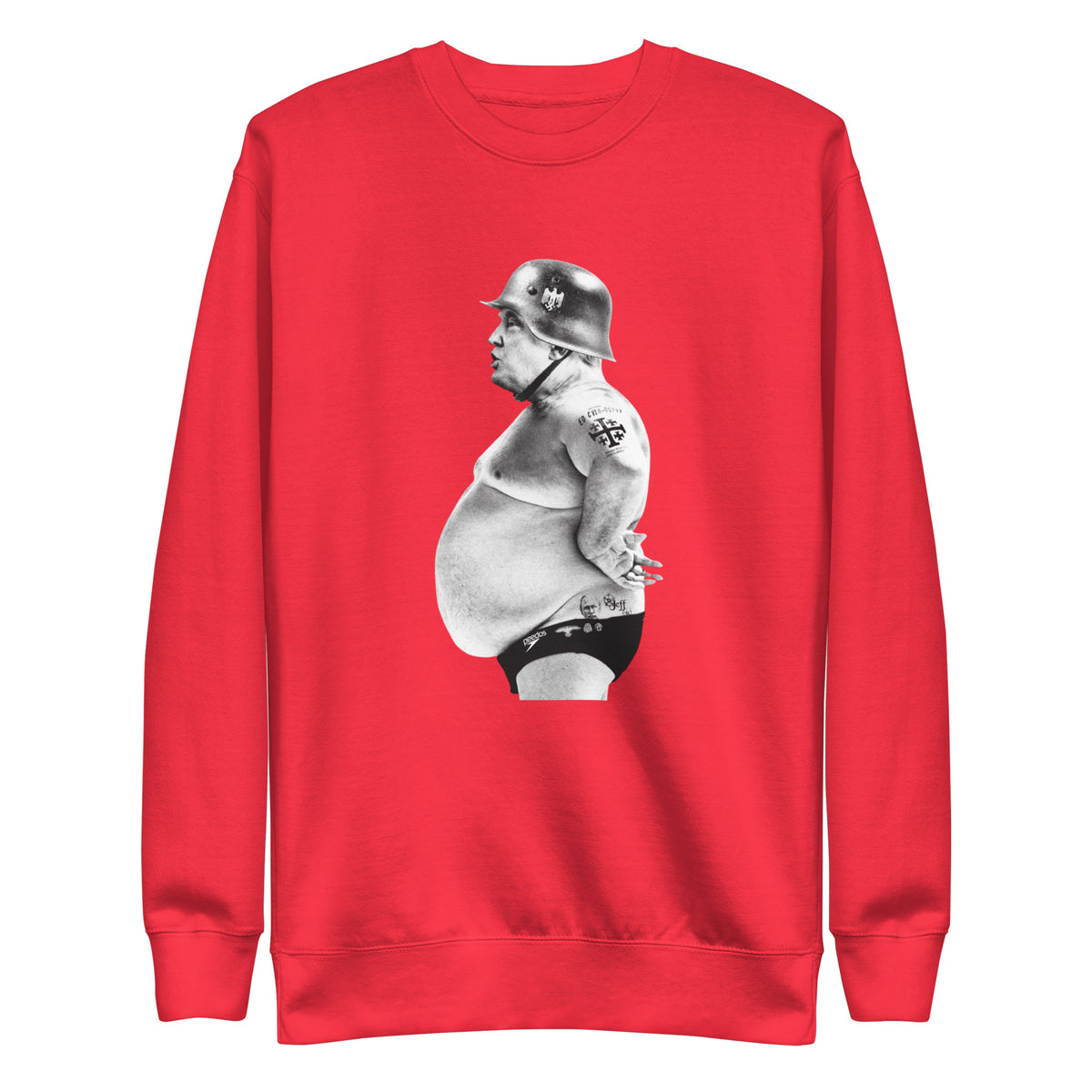 Full Metal Pedo sweatshirt in Team Red, front view with a monochrome helmeted figure graphic.