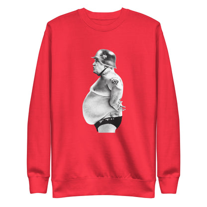 Full Metal Pedo sweatshirt in Team Red, front view with a monochrome helmeted figure graphic.