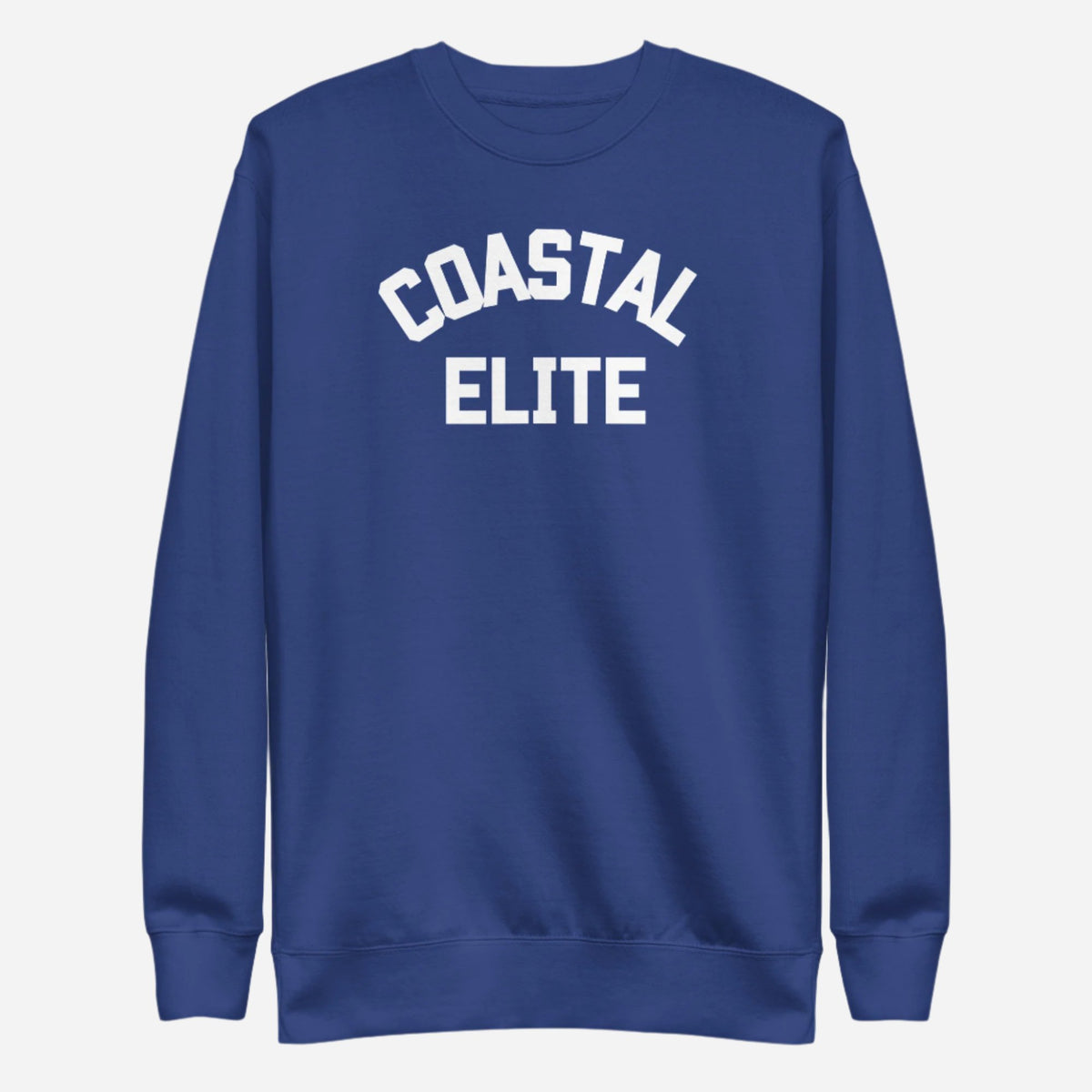 Team Royal sweatshirt with white arched Coastal Elite lettering, front view.