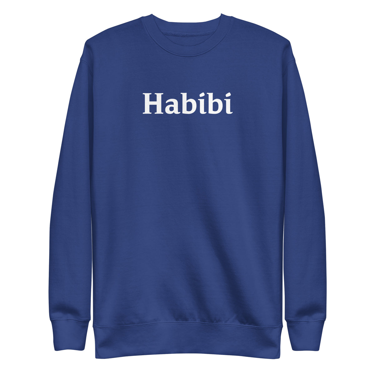 Team Royal sweatshirt with white Habibi lettering, front view.