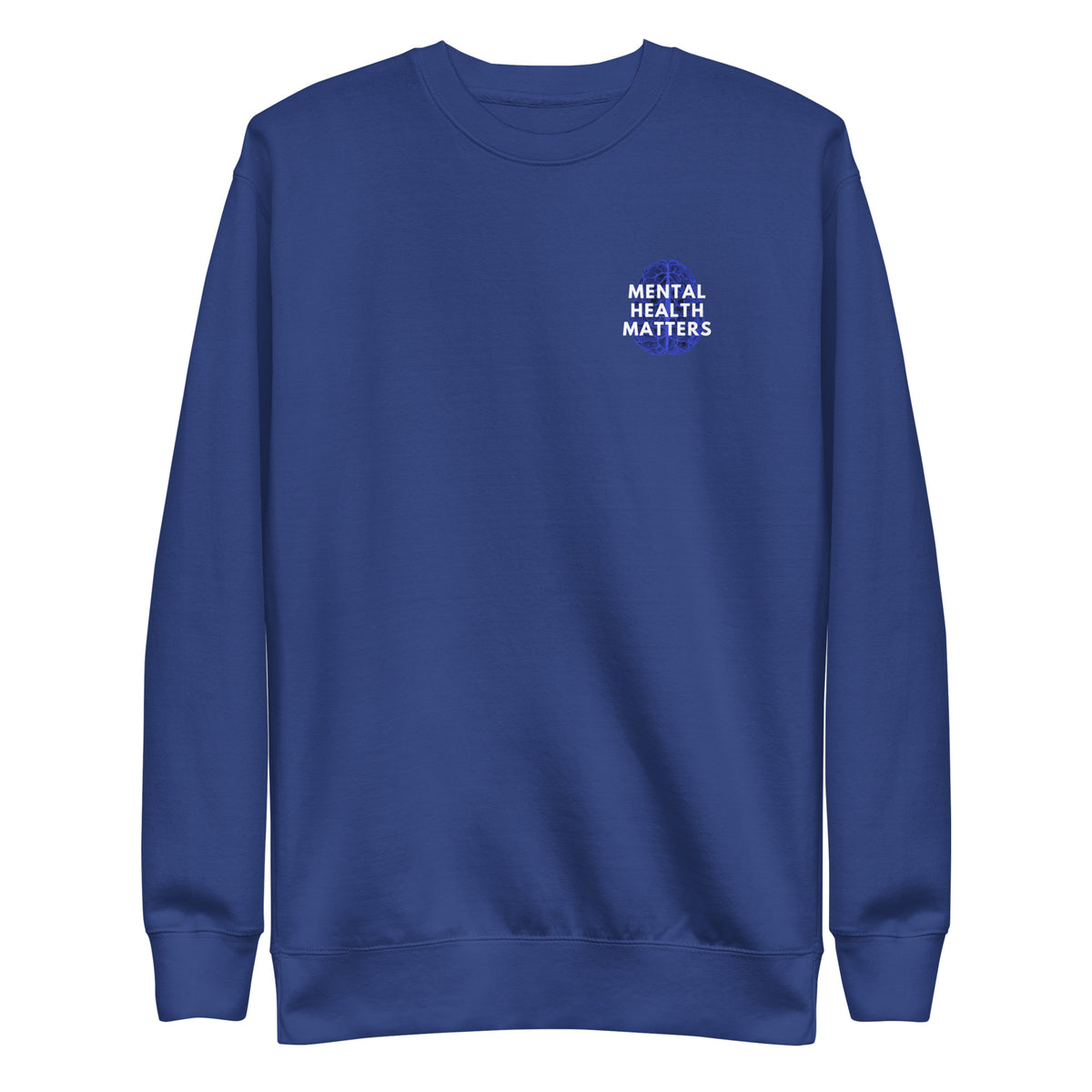 Team Royal sweatshirt, front view, with a blue brain graphic and white 'Mental Health Matters' text on the chest.