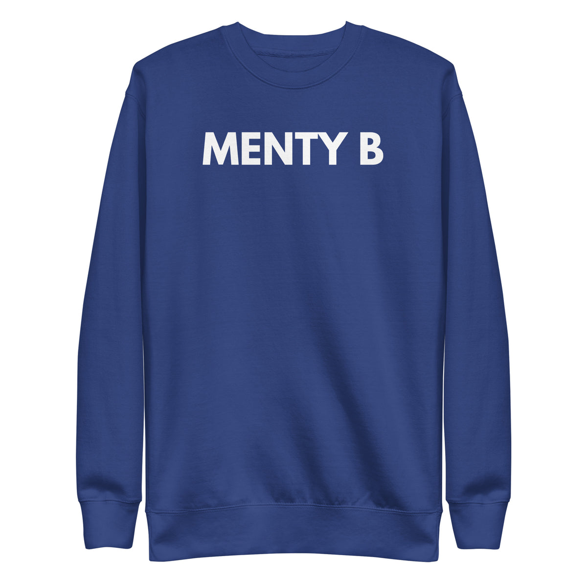 Team Royal sweatshirt with white Menty B lettering, front view.