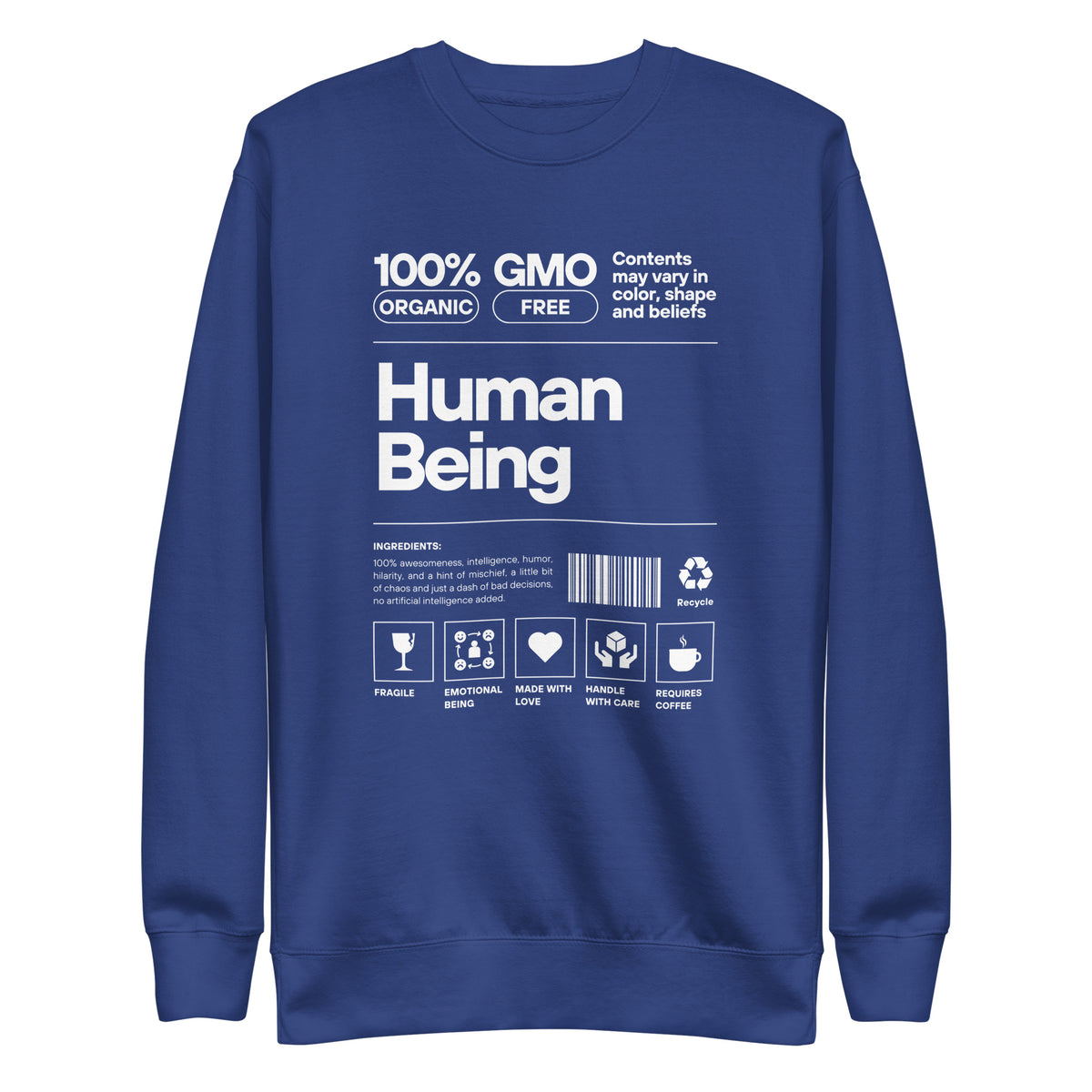 Team Royal sweatshirt, front view with a white "Human Being" label-style graphic.