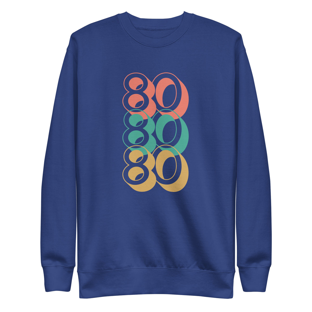 Team Royal sweatshirt, front view with stacked red, green and yellow "80" numerals.