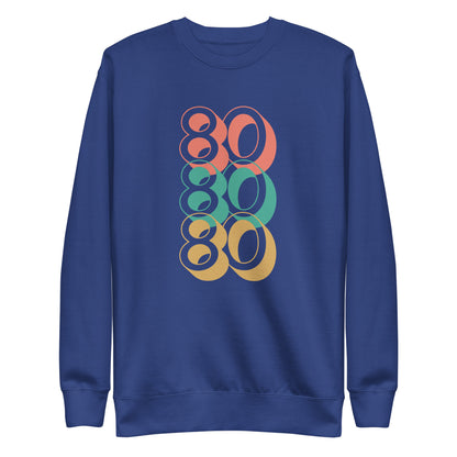 Team Royal sweatshirt, front view with stacked red, green and yellow "80" numerals.