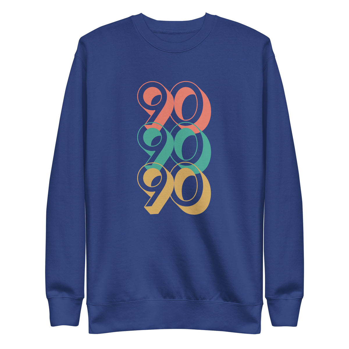 Team Royal sweatshirt, front view, with three stacked '90' graphics in red, green and yellow.