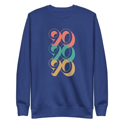 Team Royal sweatshirt, front view, with three stacked '90' graphics in red, green and yellow.