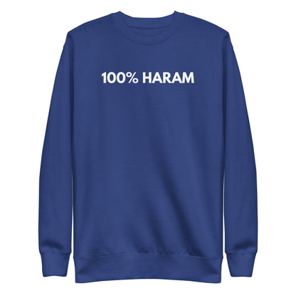 Team Royal sweatshirt with white 100% Haram lettering, front view.