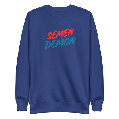 Team Royal sweatshirt, front view with red and blue Semen Demon lettering.