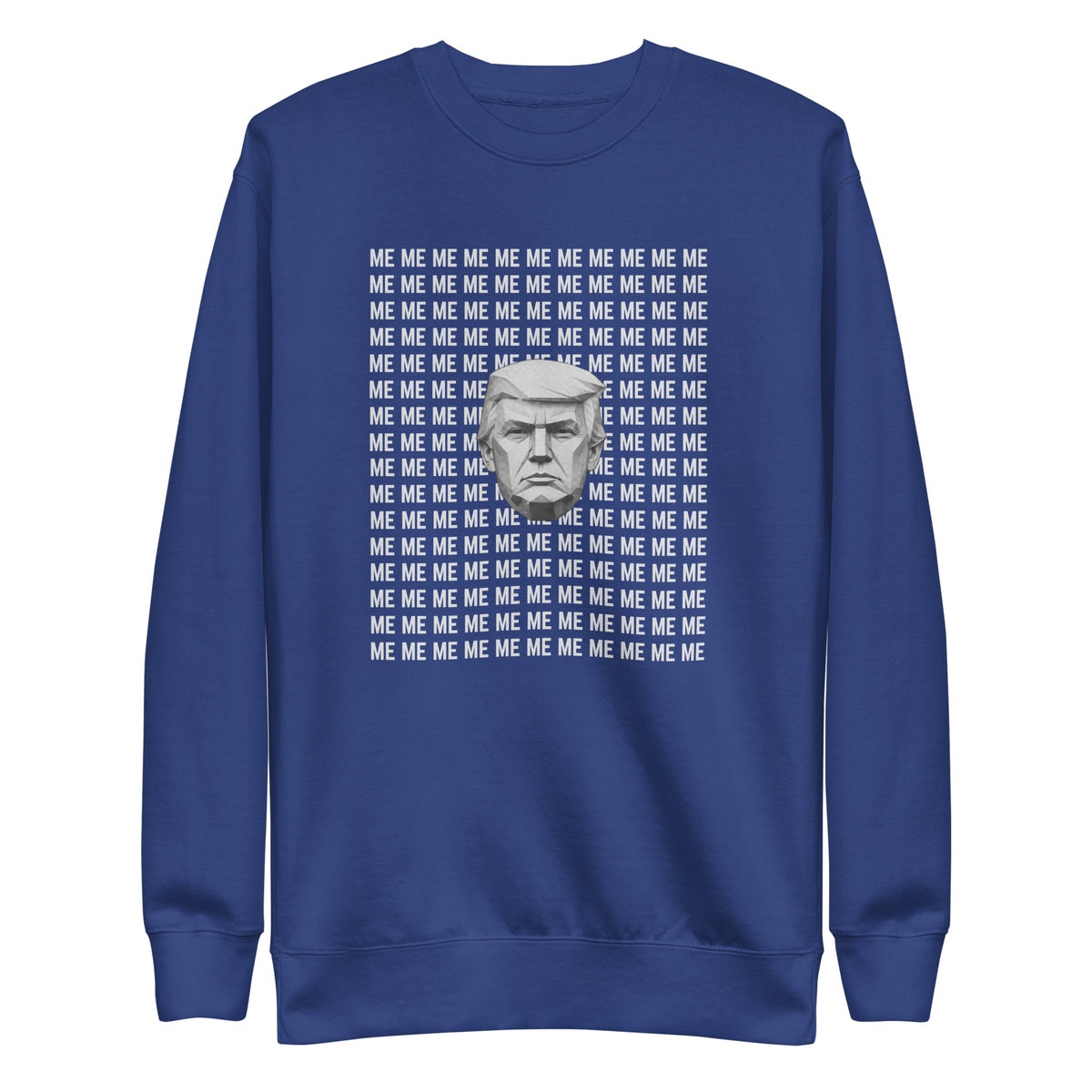 Team Royal sweatshirt, front view, with a monochrome portrait surrounded by repeated white 'ME' lettering.