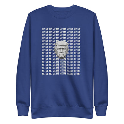 Team Royal sweatshirt, front view, with a monochrome portrait surrounded by repeated white 'ME' lettering.