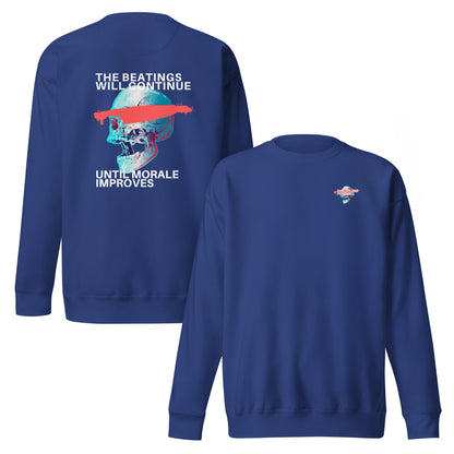 Team Royal sweatshirt, front and back views, with a large skull and slogan on the back, plus a small chest graphic.