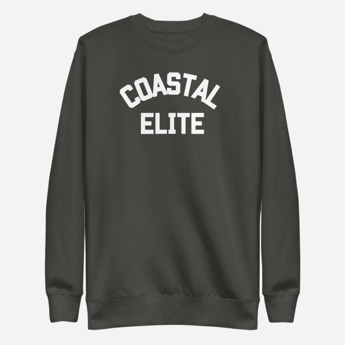 Vintage Black sweatshirt with white arched Coastal Elite lettering, front view.