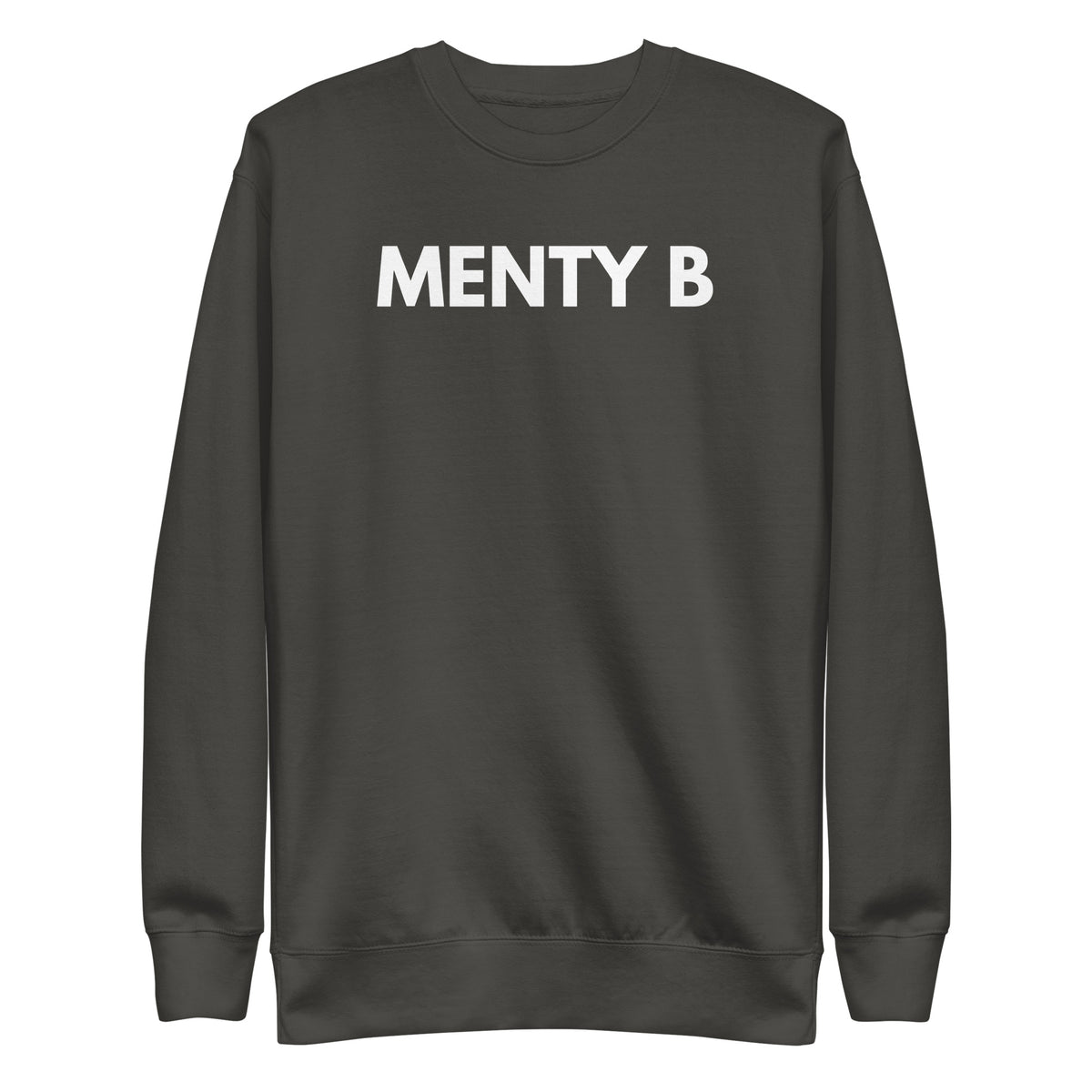 Vintage Black sweatshirt with white Menty B lettering, front view.