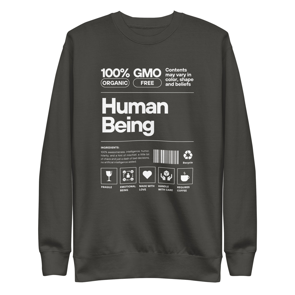 Vintage Black sweatshirt, front view with a white "Human Being" label-style graphic.