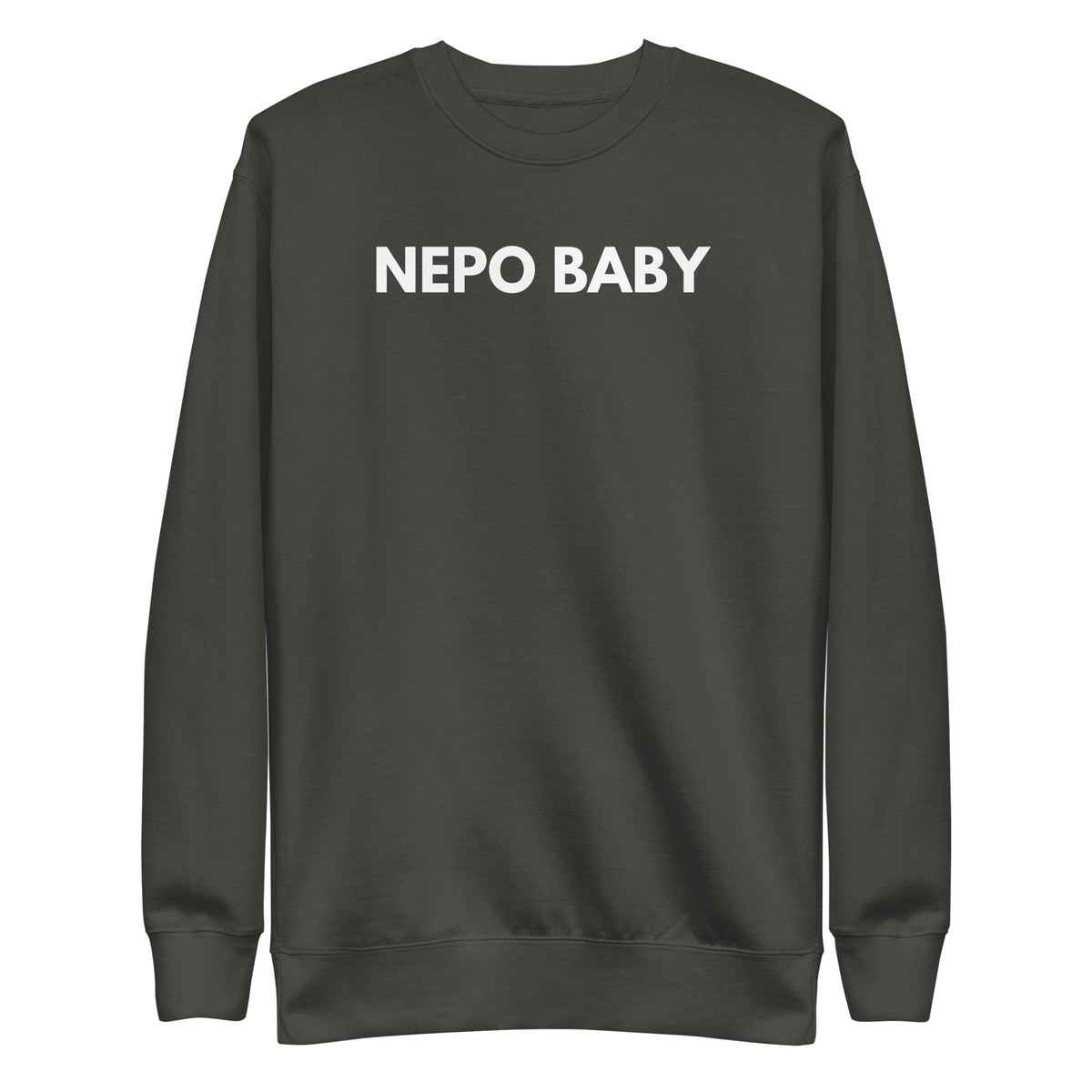 Vintage Black sweatshirt, front view with white "NEPO BABY" lettering.