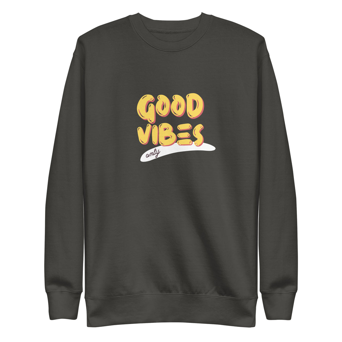 Vintage Black sweatshirt with yellow Good Vibes Only lettering, front view.