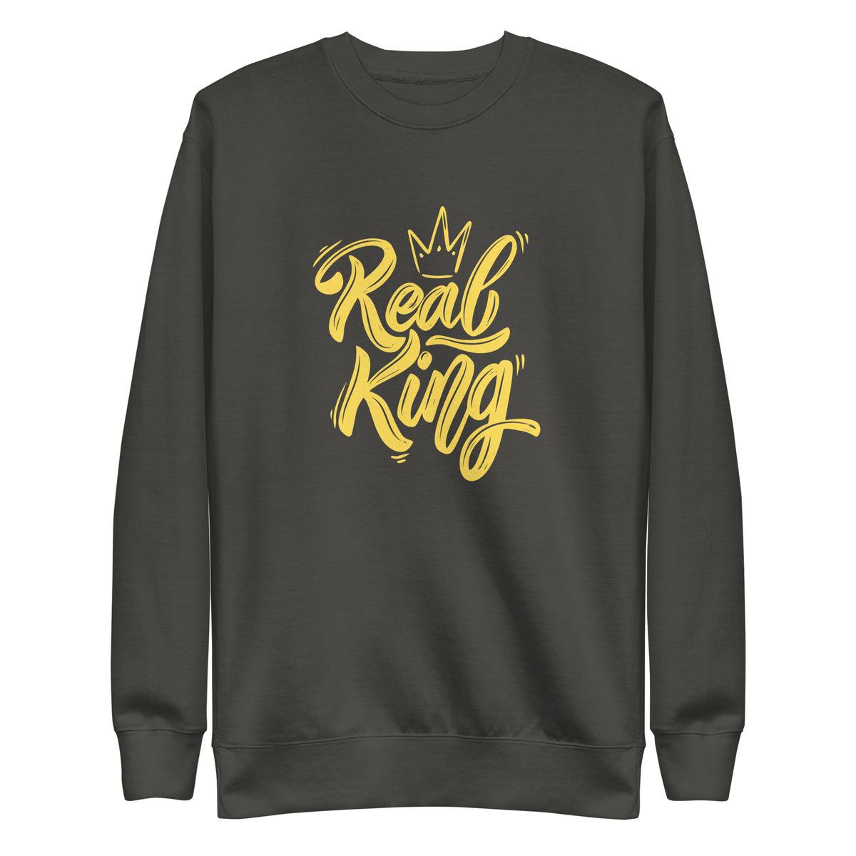 Vintage Black sweatshirt, front view with yellow "Real King" script and a crown graphic.