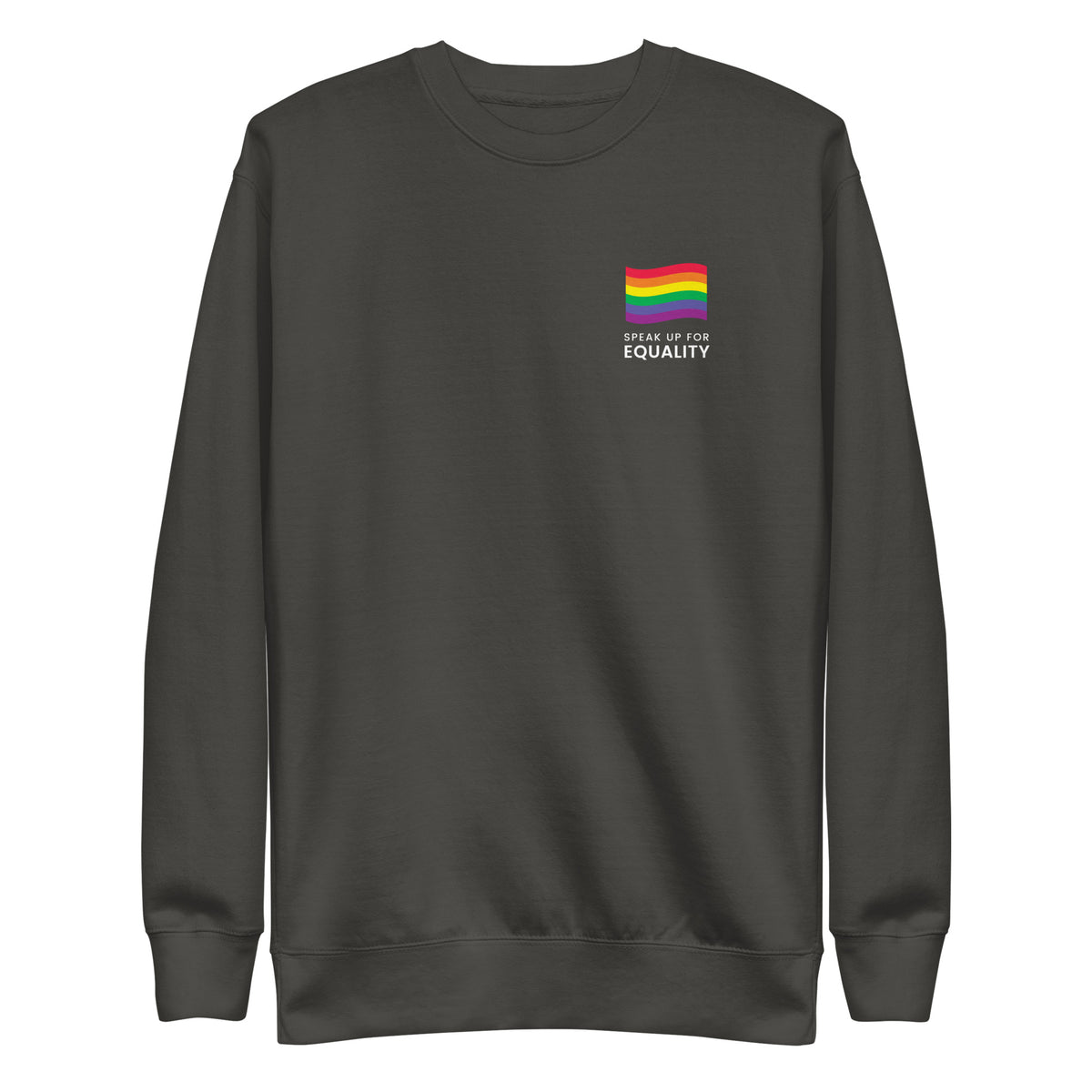 Vintage Black sweatshirt, front view with a rainbow flag and white "Speak Up for Equality" chest lettering.