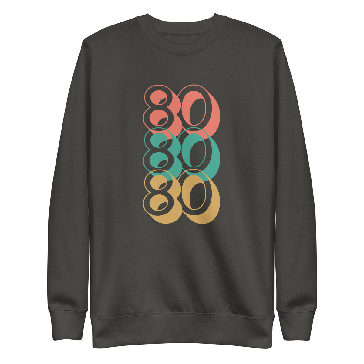 Vintage Black sweatshirt, front view with stacked red, green and yellow "80" numerals.