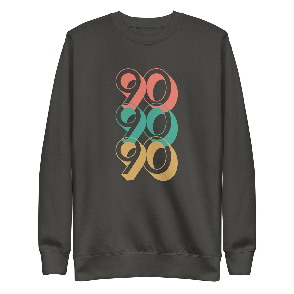 Vintage Black sweatshirt, front view, with three stacked '90' graphics in red, green and yellow.