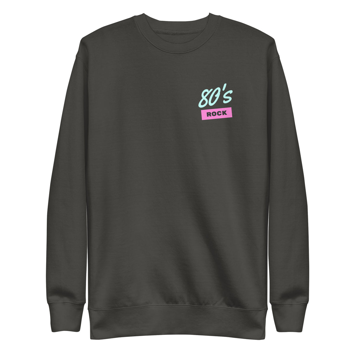 Vintage Black sweatshirt, front view with a mint-and-pink "80â€™s Rock" chest design.