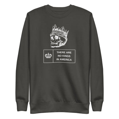 Vintage Black sweatshirt, front view with a white crowned skull and "There Are No Kings in America" lettering.