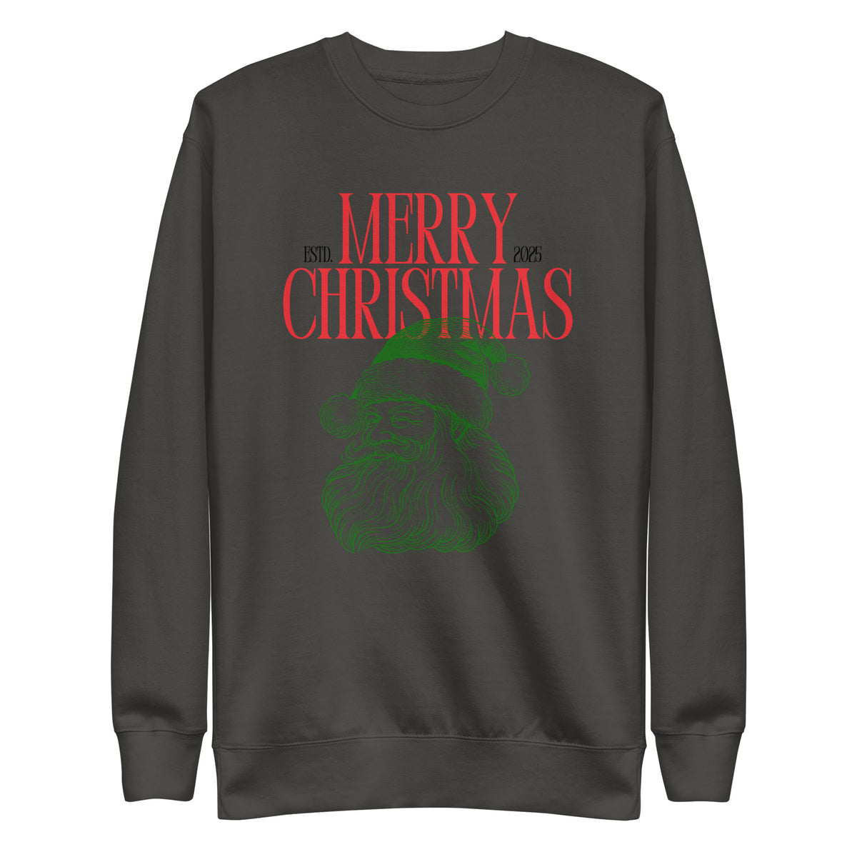 Vintage Black sweatshirt, front view, with a green Santa portrait below red 'Merry Christmas' lettering and the year 2025.