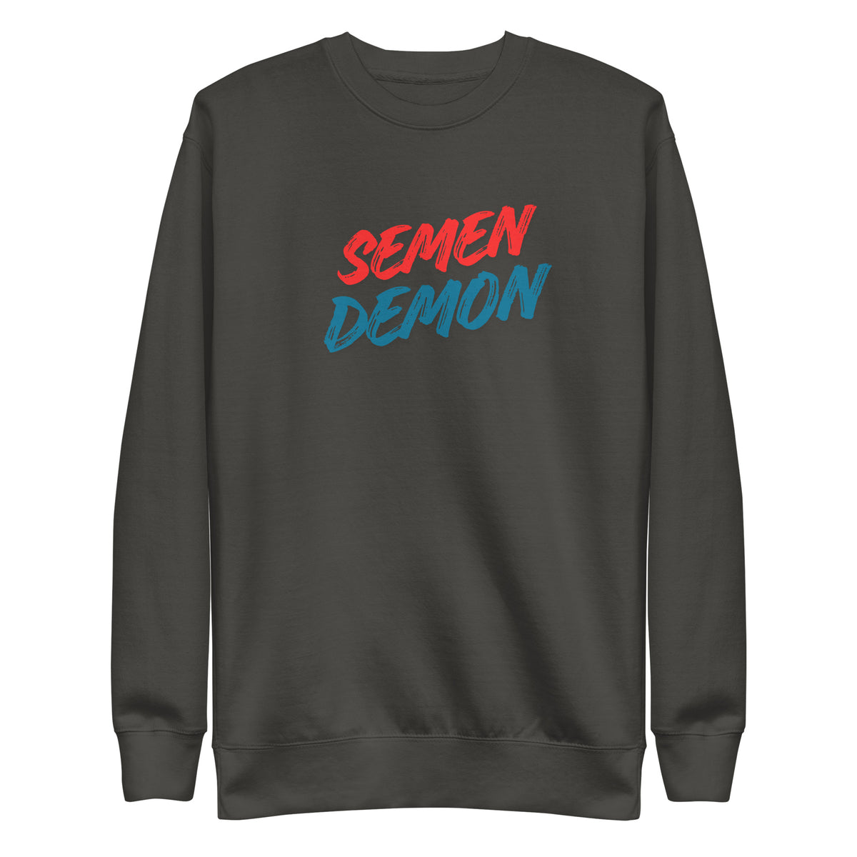 Vintage Black sweatshirt, front view with red and blue Semen Demon lettering.