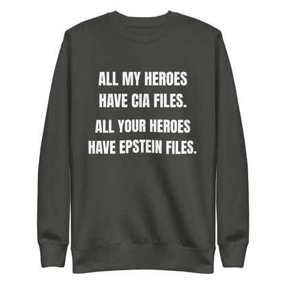 Vintage Black sweatshirt, front view, with stacked white slogan text about CIA and Epstein files.