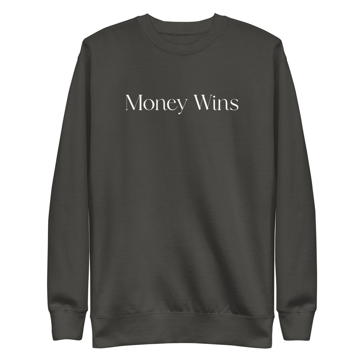 Vintage Black sweatshirt, front view with white Money Wins lettering.