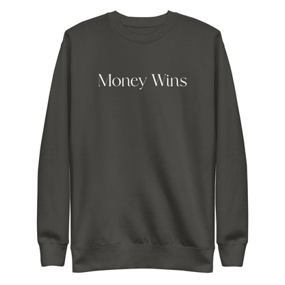 Vintage Black sweatshirt, front view with white Money Wins lettering.