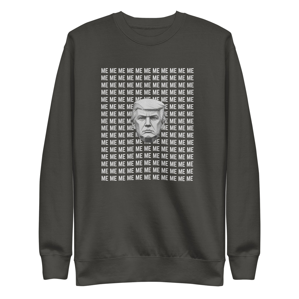 Vintage Black sweatshirt, front view, with a monochrome portrait surrounded by repeated white 'ME' lettering.