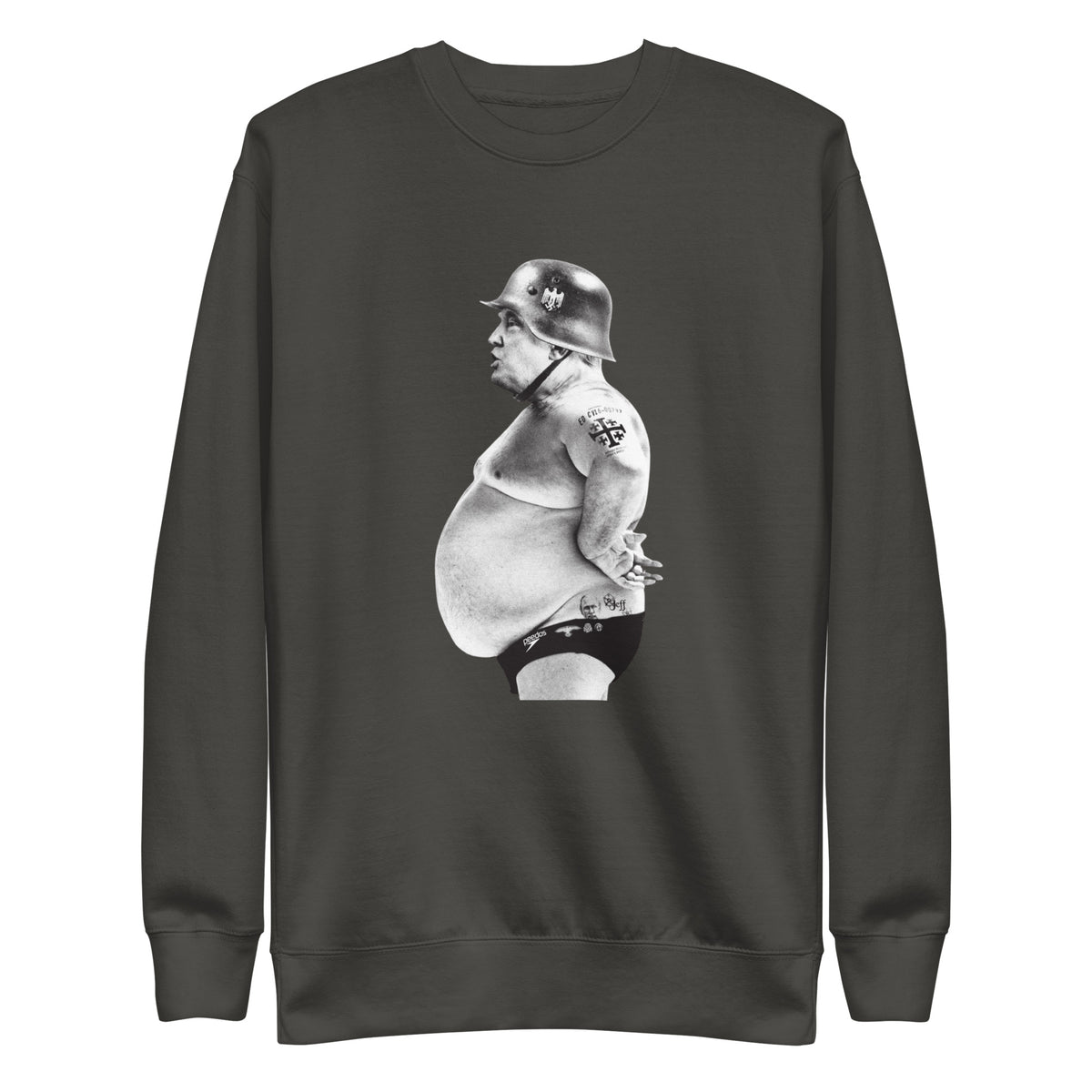 Full Metal Pedo sweatshirt in Vintage Black, front view with a monochrome helmeted figure graphic.