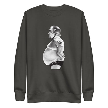 Full Metal Pedo sweatshirt in Vintage Black, front view with a monochrome helmeted figure graphic.