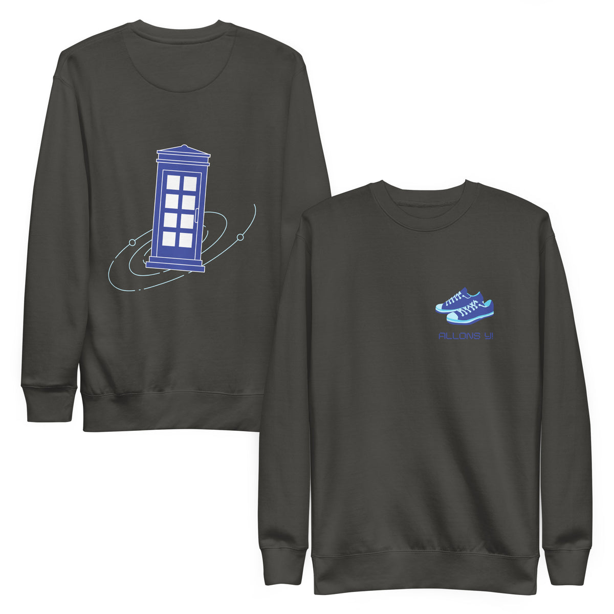 Vintage Black sweatshirt, front and back views, with a blue police box on the back and blue trainers with 'Allons Y' text on the front.