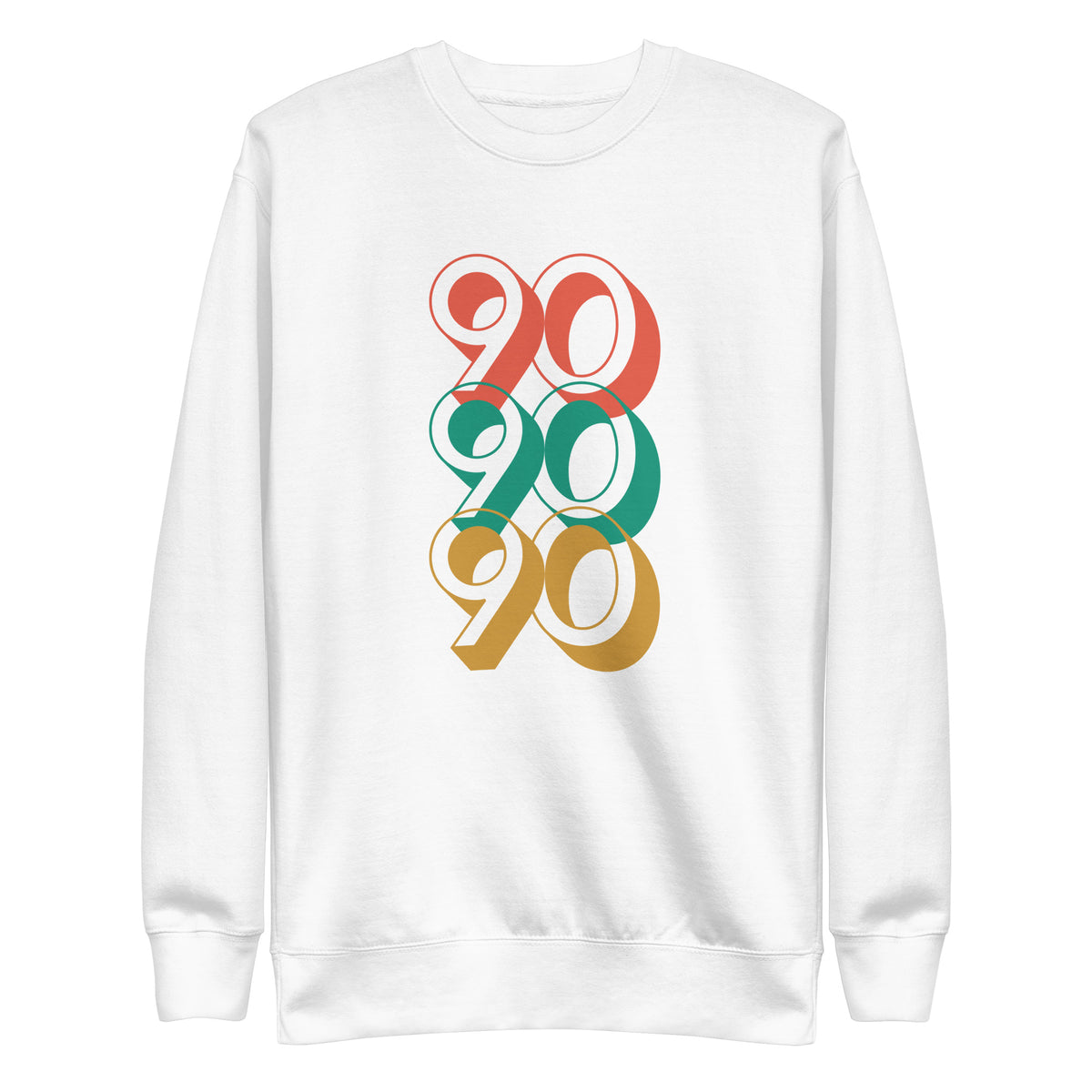 White sweatshirt, front view, with three stacked '90' graphics in red, green and yellow.