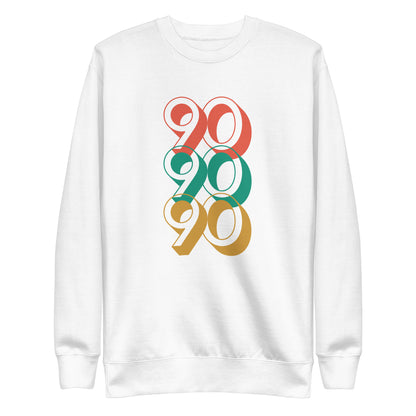 White sweatshirt, front view, with three stacked '90' graphics in red, green and yellow.
