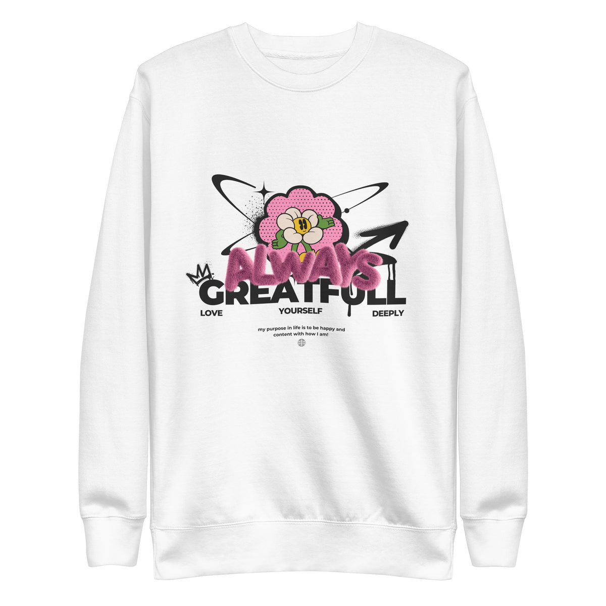 White sweatshirt with a pink flower and Always Grateful lettering, front view.