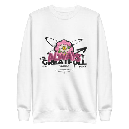 White sweatshirt with a pink flower and Always Grateful lettering, front view.