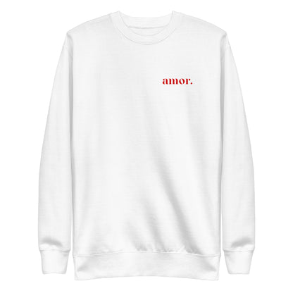 White sweatshirt, front view with small red "amor." chest lettering.